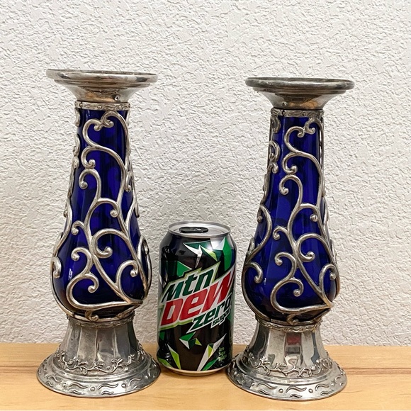 Rare Vintage MCM Mid Century Cobalt Blue Caged Glass Ornate 10” Candle Holder - Picture 2 of 12